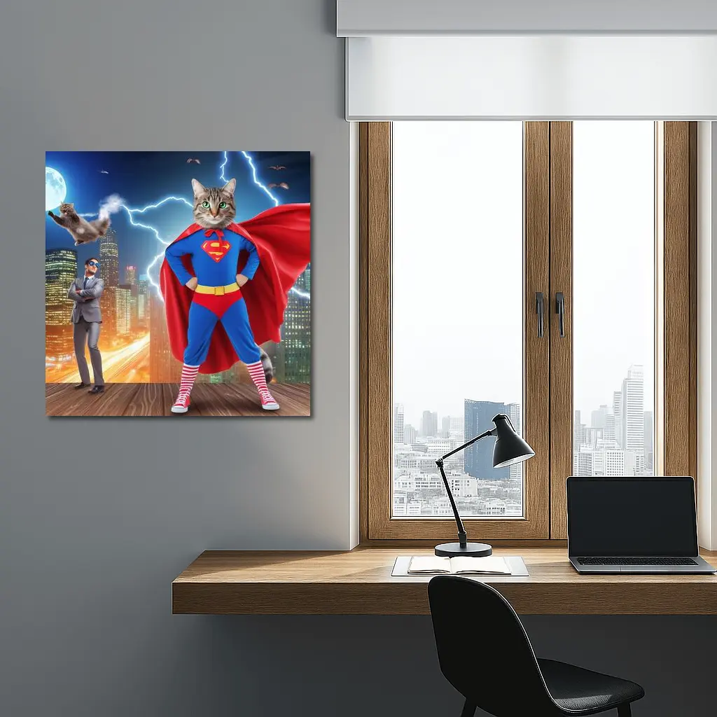 Tabby Cat Superman Costume City Night – Wall Art