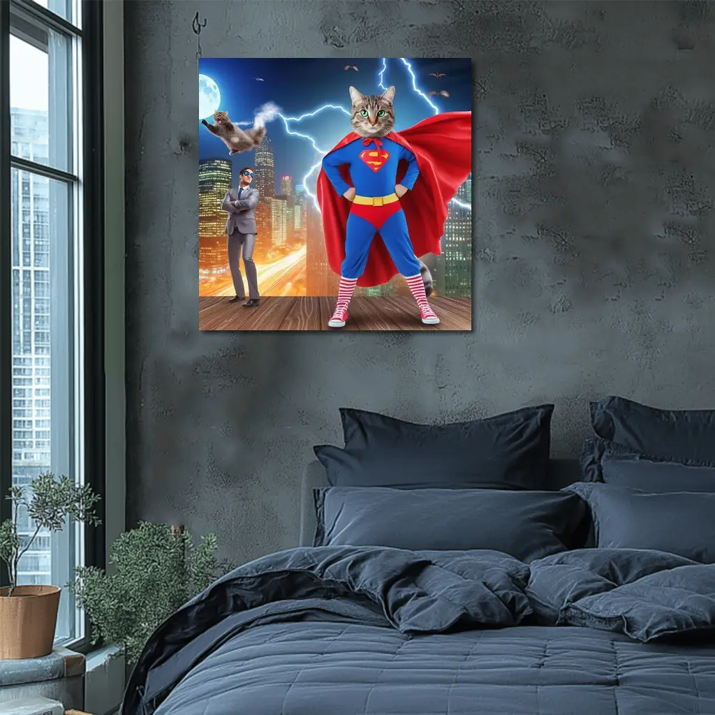 Tabby Cat Superman Costume City Night – Wall Art