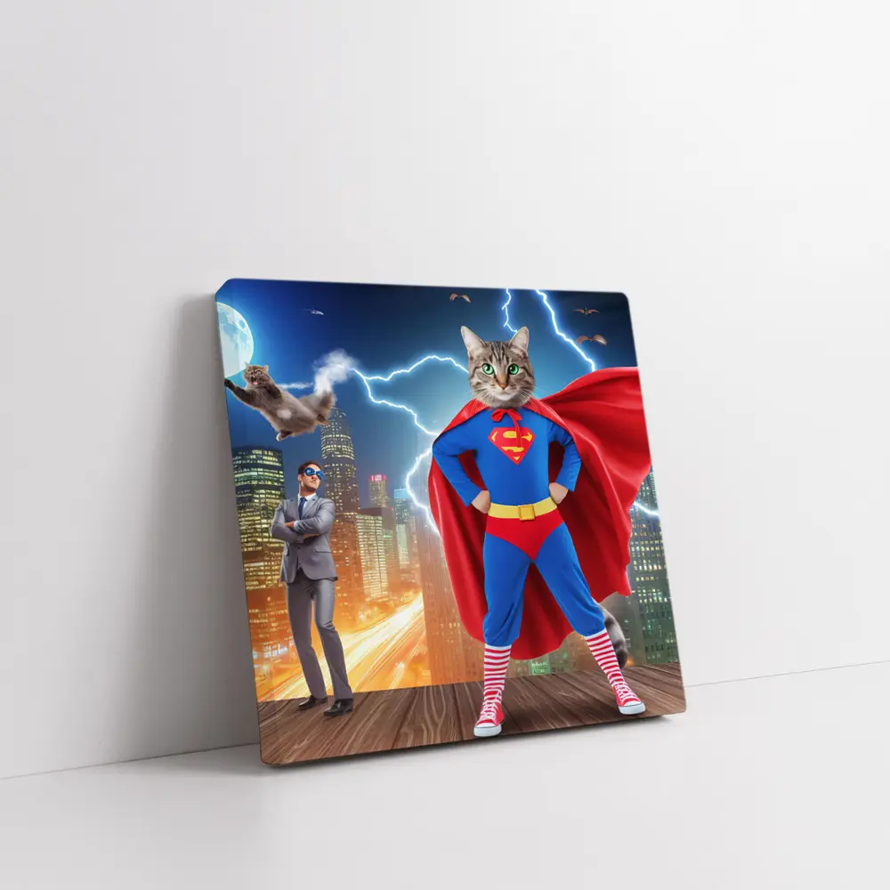 Tabby Cat Superman Costume City Night – Wall Art