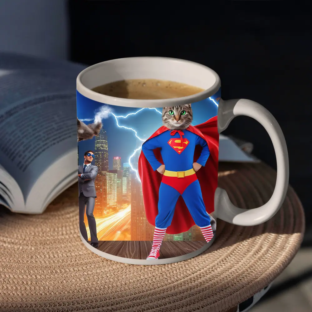 Tabby Cat Superman Costume City Night – Mugs