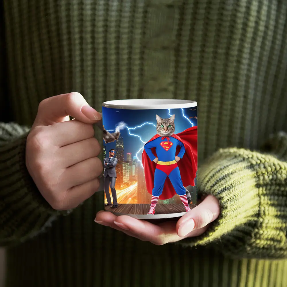 Tabby Cat Superman Costume City Night – Mugs
