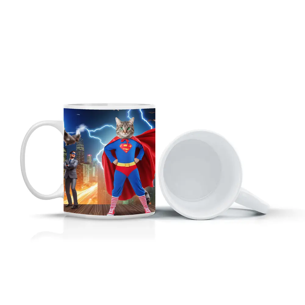 Tabby Cat Superman Costume City Night – Mugs