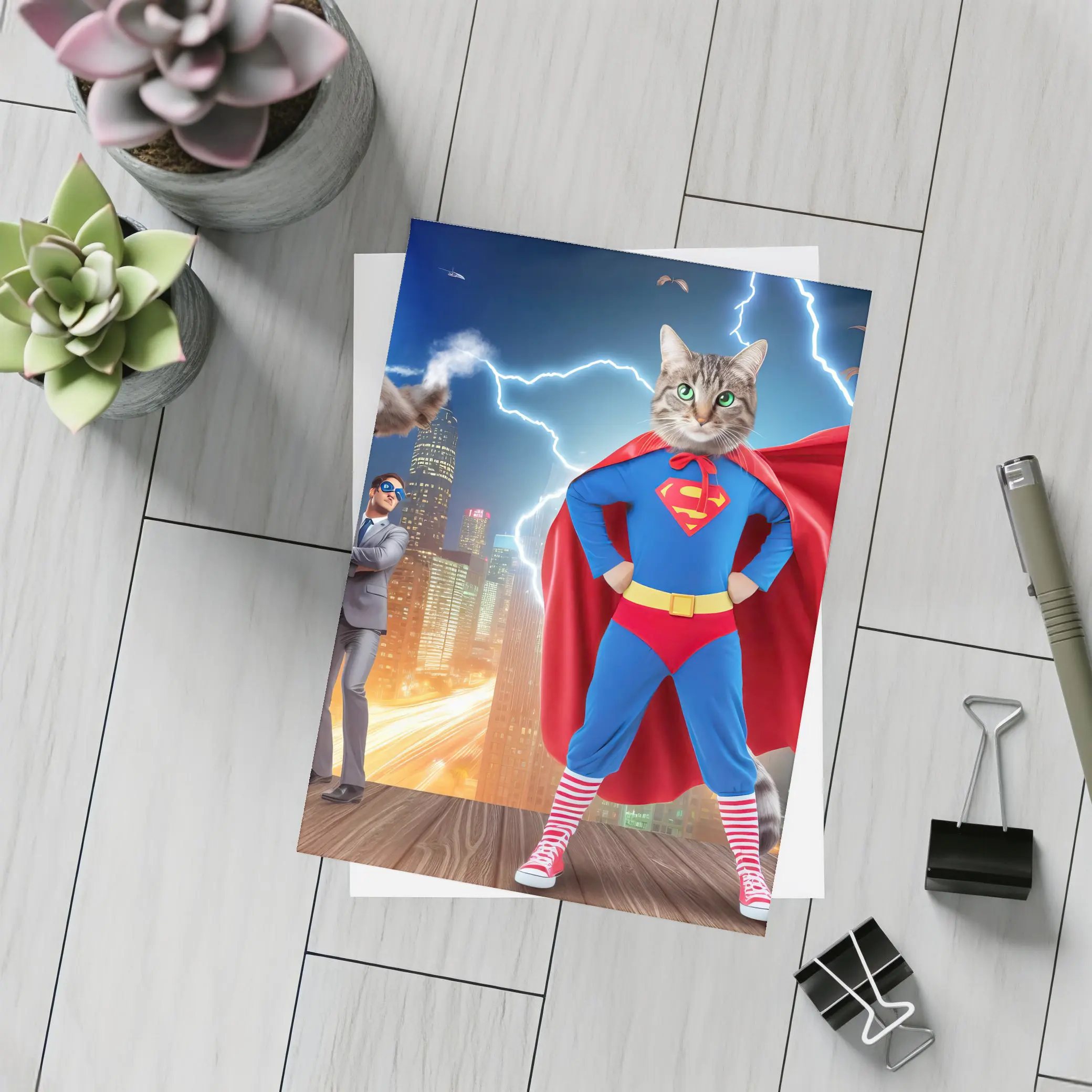 Tabby Cat Superman Costume City Night – Postcards