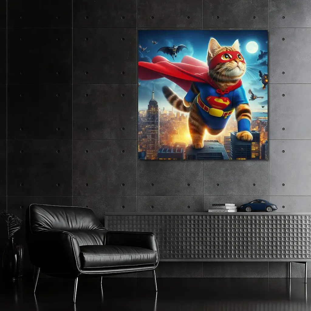 Tabby Cat Superhero Flying Over City – Wall Art