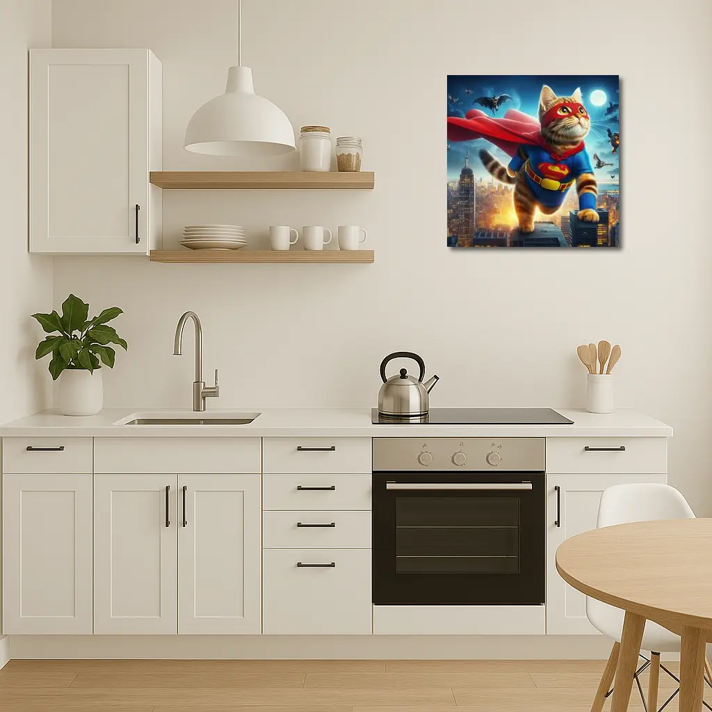 Tabby Cat Superhero Flying Over City – Wall Art
