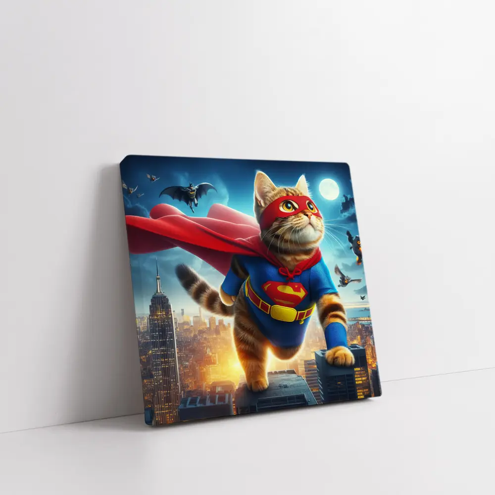 Tabby Cat Superhero Flying Over City – Wall Art