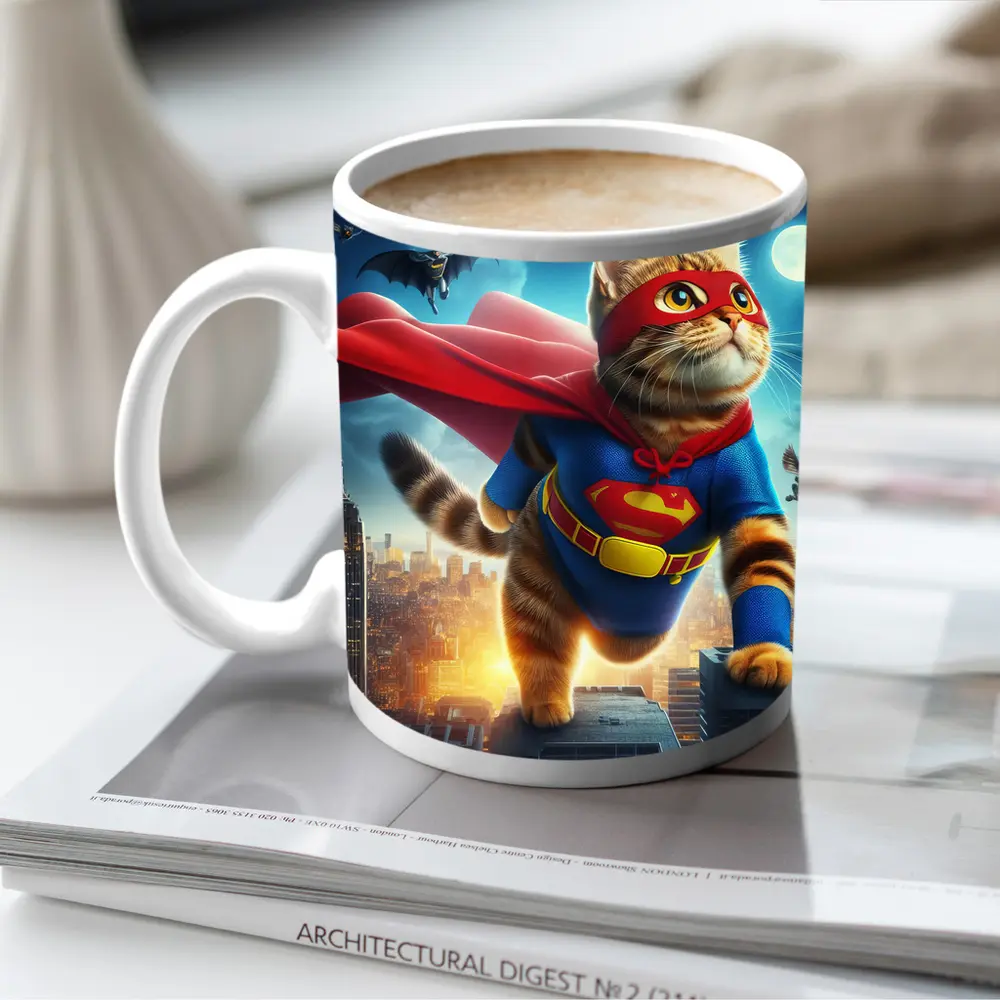 Tabby Cat Superhero Flying Over City – Mugs