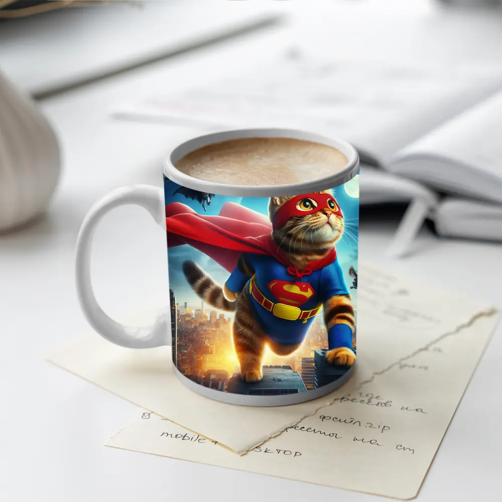 Tabby Cat Superhero Flying Over City – Mugs