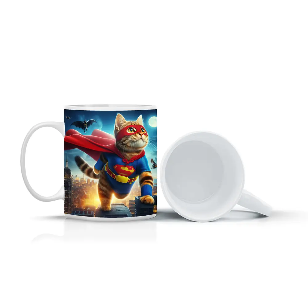 Tabby Cat Superhero Flying Over City – Mugs