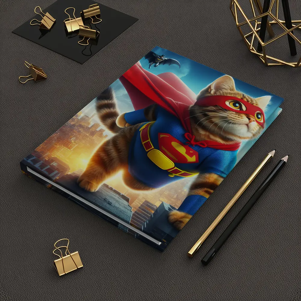 Tabby Cat Superhero Flying Over City – Notebooks
