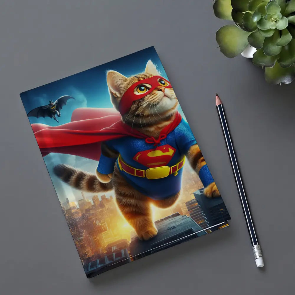 Tabby Cat Superhero Flying Over City – Notebooks