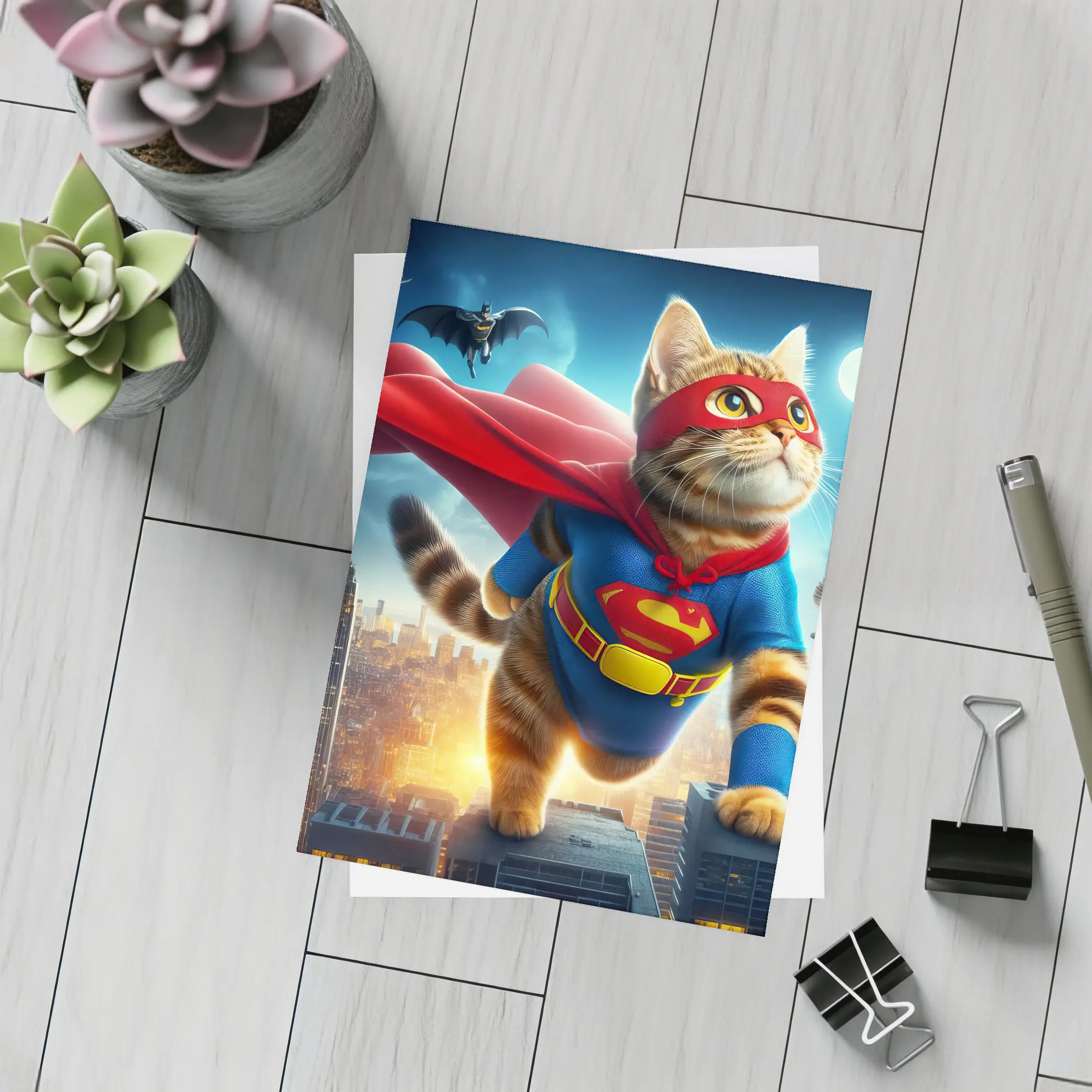 Tabby Cat Superhero Flying Over City – Postcards