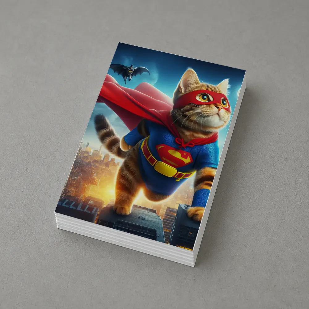 Tabby Cat Superhero Flying Over City – Postcards