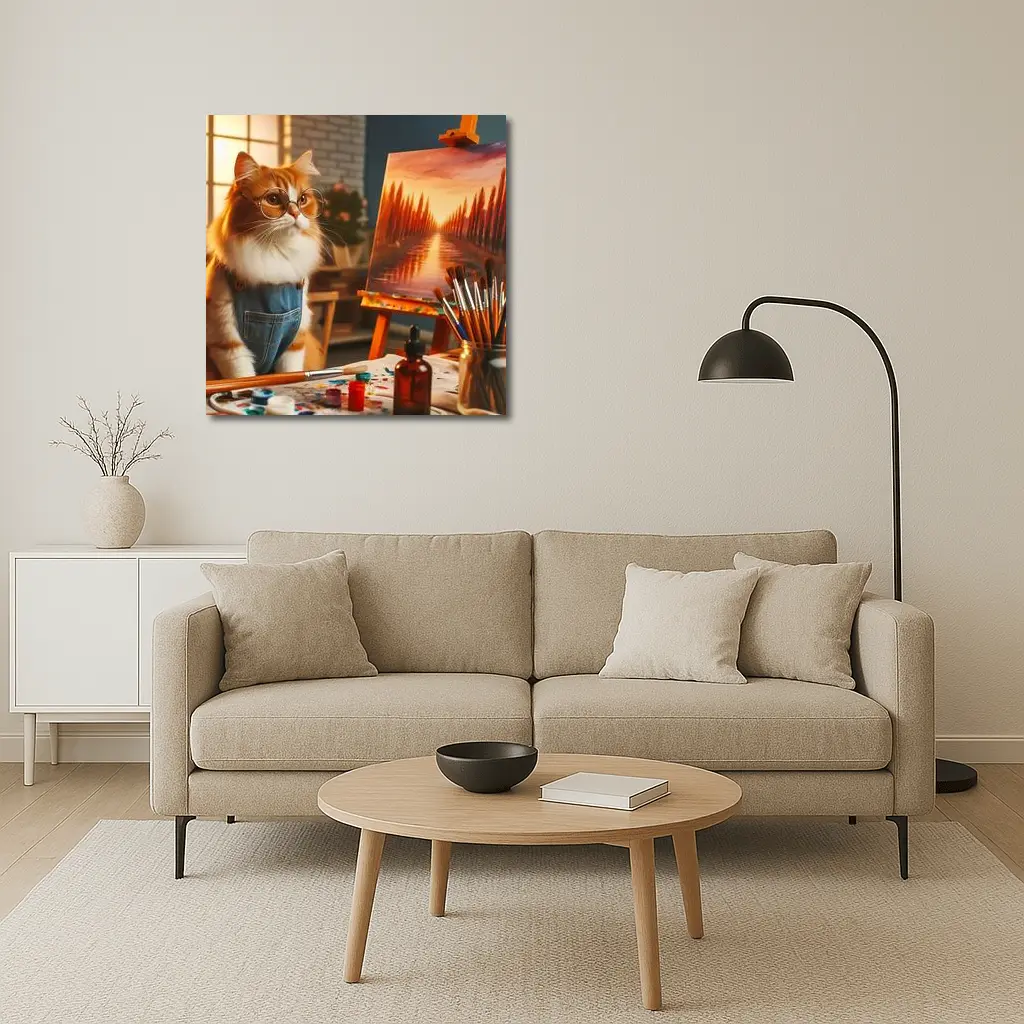 Orange Cat Artist Painting on Easel – Wall Art
