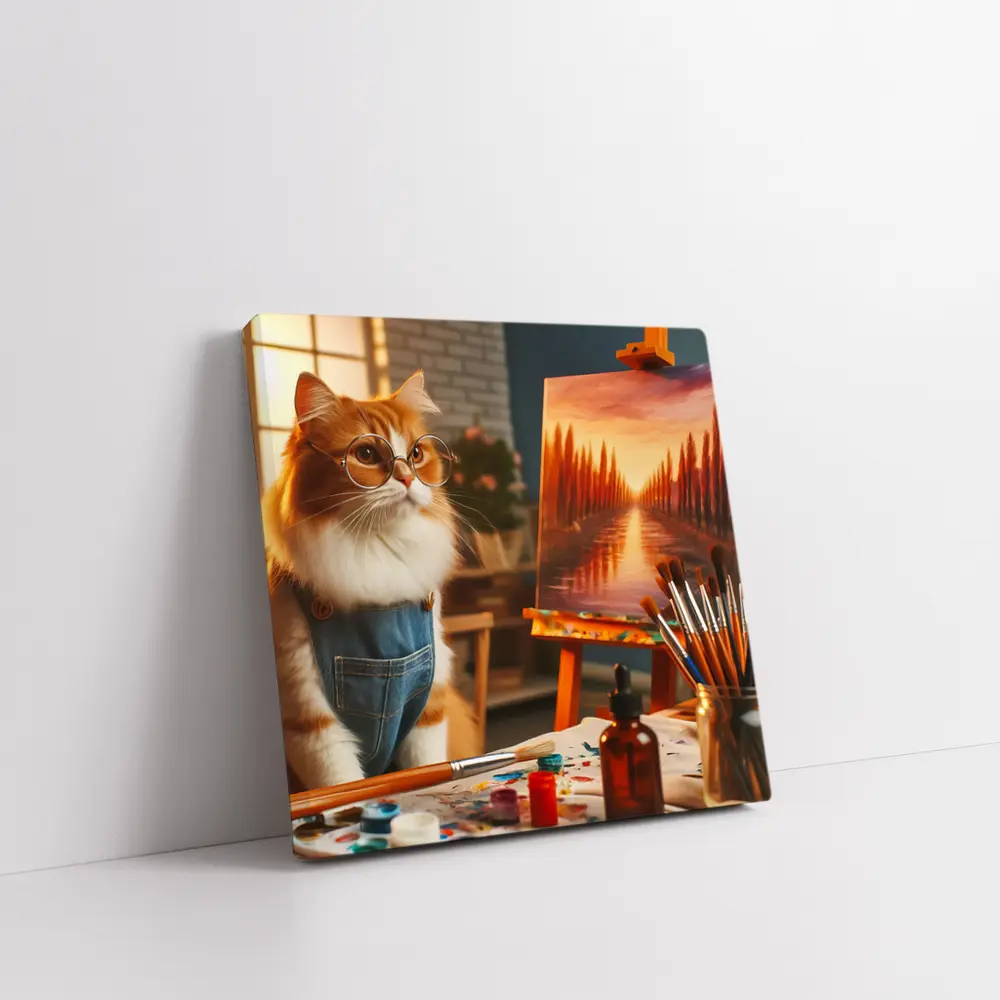 Orange Cat Artist Painting on Easel – Wall Art