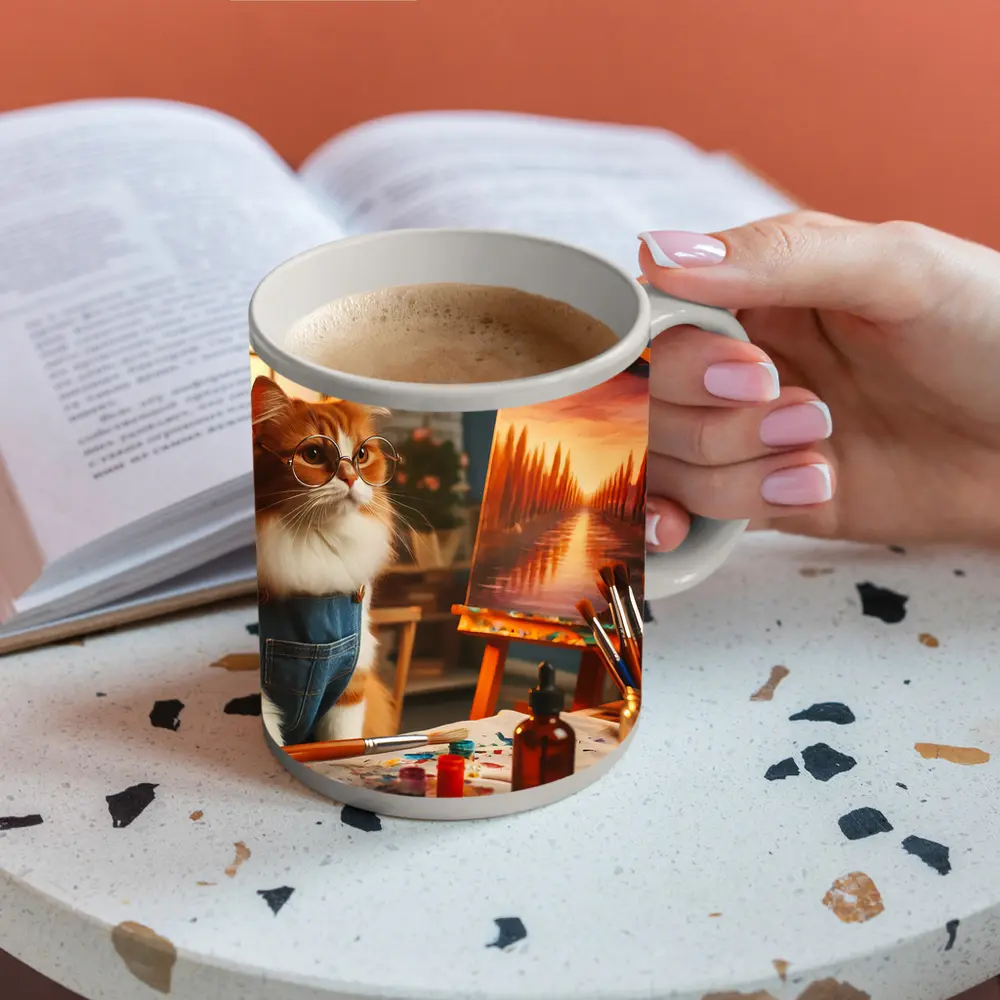 Orange Cat Artist Painting on Easel – Mugs