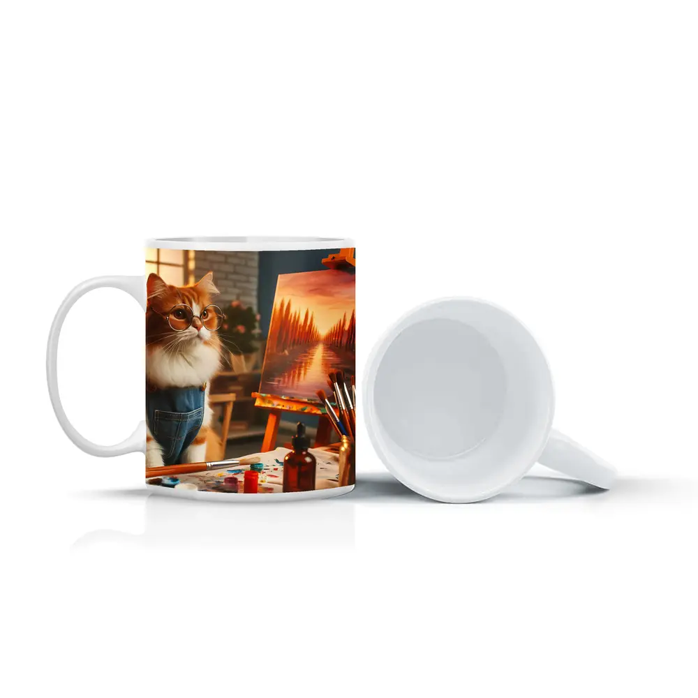 Orange Cat Artist Painting on Easel – Mugs