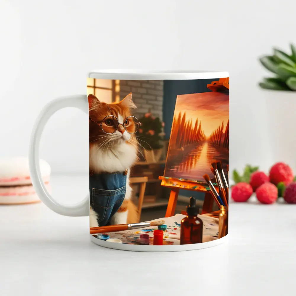 Orange Cat Artist Painting on Easel – Mugs