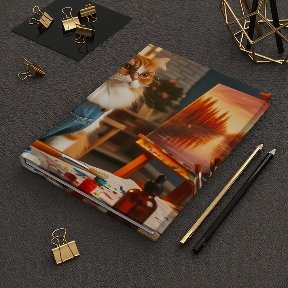 Orange Cat Artist Painting on Easel – Notebooks