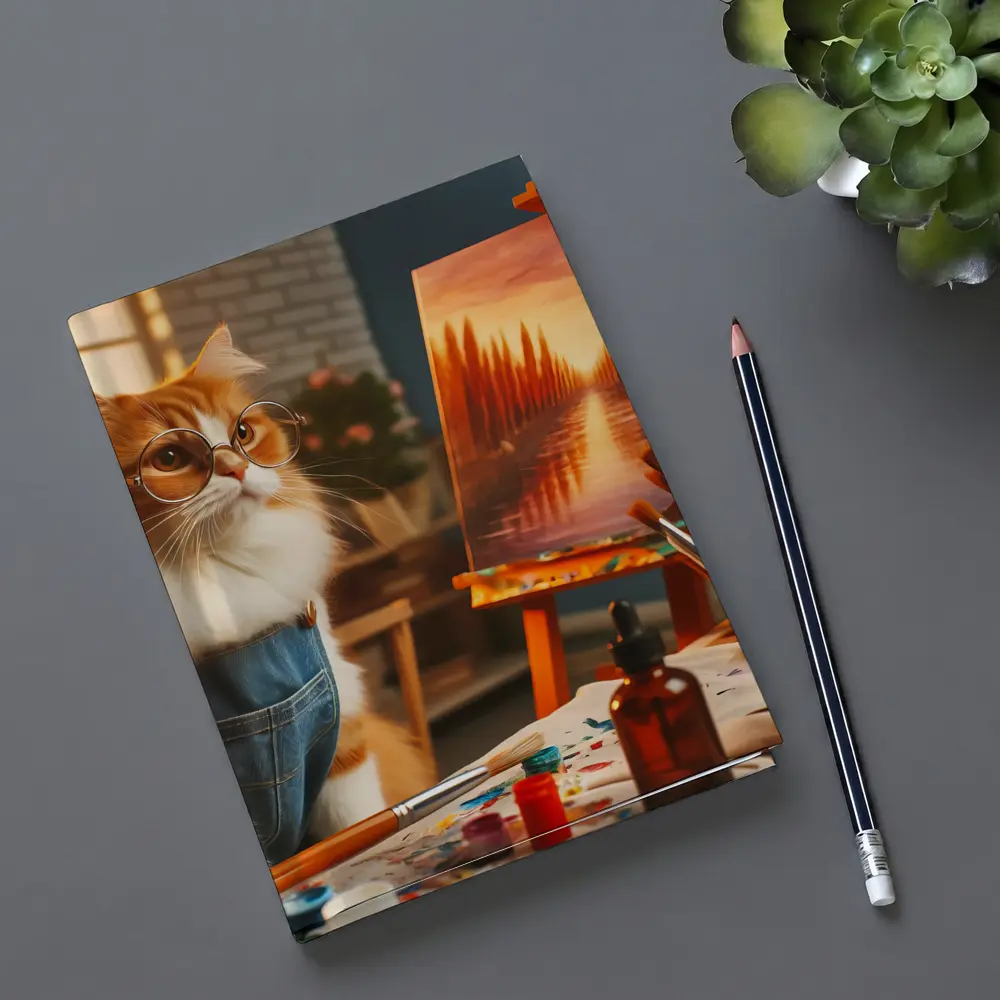 Orange Cat Artist Painting on Easel – Notebooks