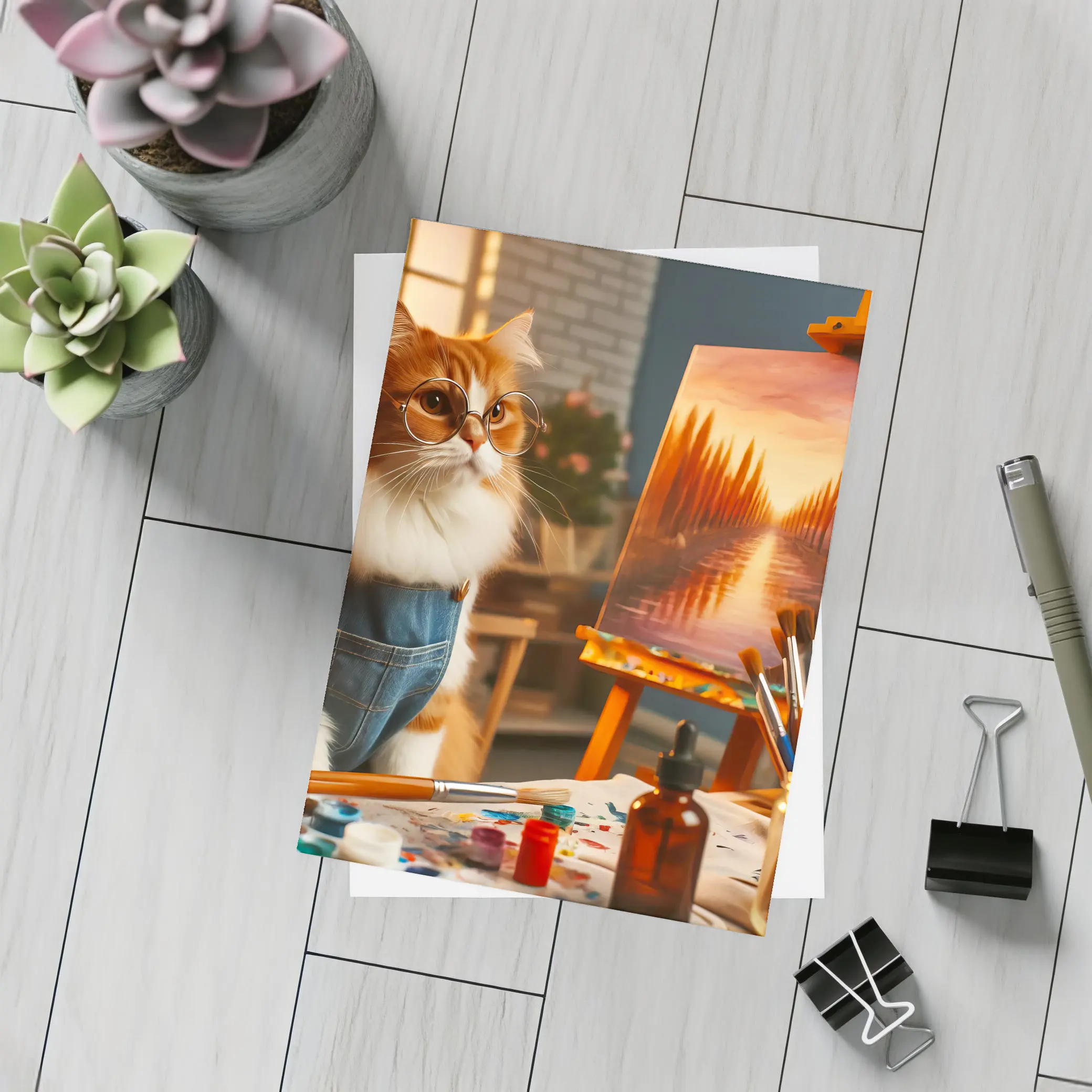 Orange Cat Artist Painting on Easel – Postcards