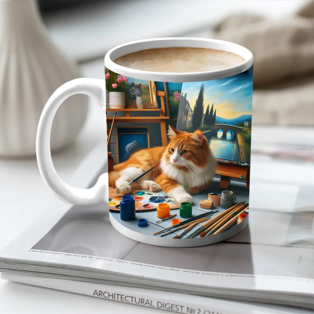 Orange Cat Artist Studio Painting Scene – Mugs