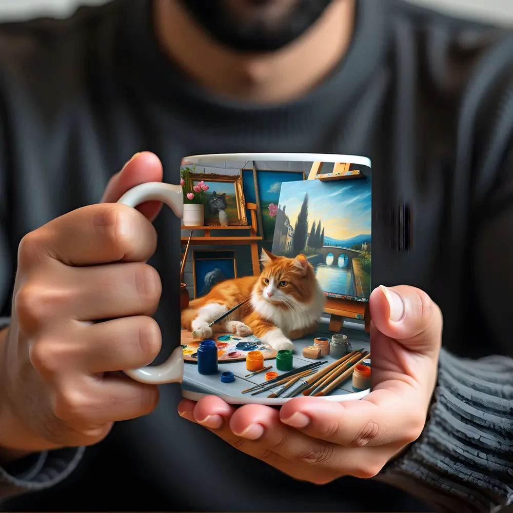 Orange Cat Artist Studio Painting Scene – Mugs