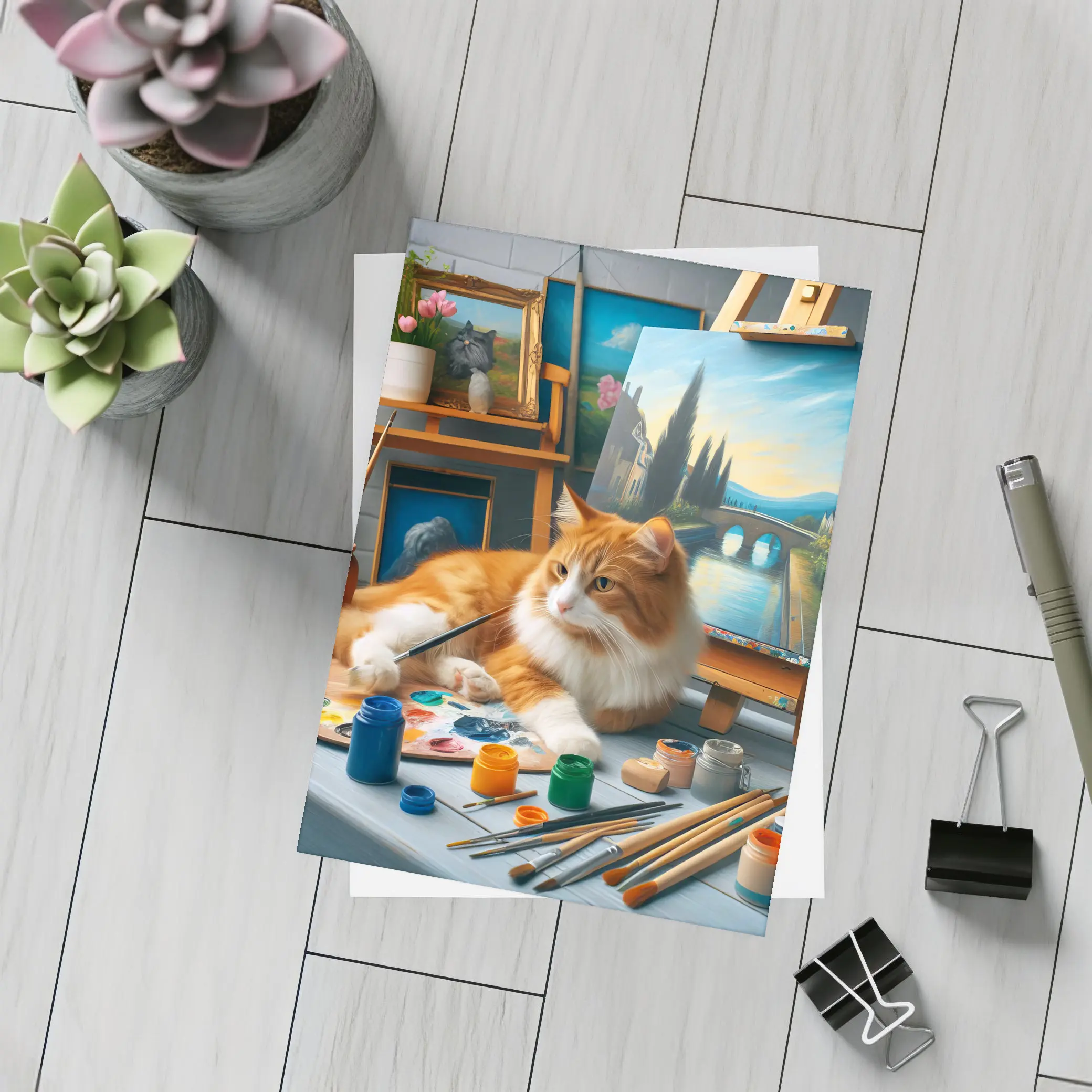 Orange Cat Artist Studio Painting Scene – Postcards