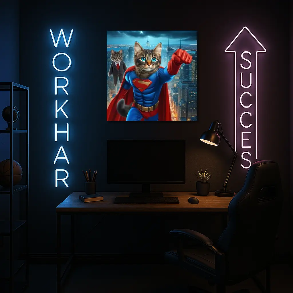 Superhero Cat Flying Over City Night – Wall Art