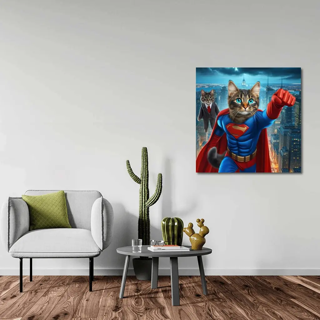 Superhero Cat Flying Over City Night – Wall Art