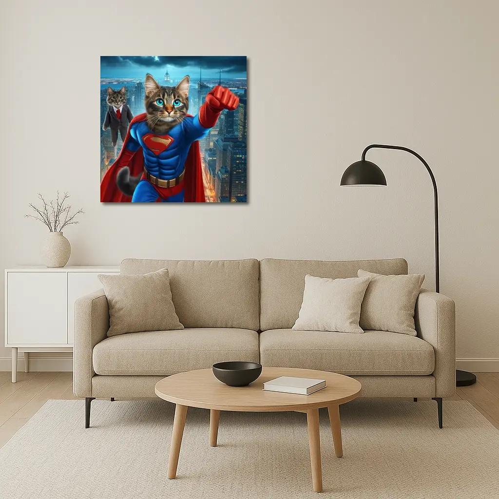 Superhero Cat Flying Over City Night – Wall Art