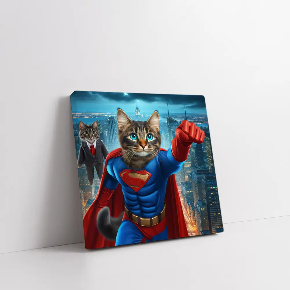 Superhero Cat Flying Over City Night – Wall Art