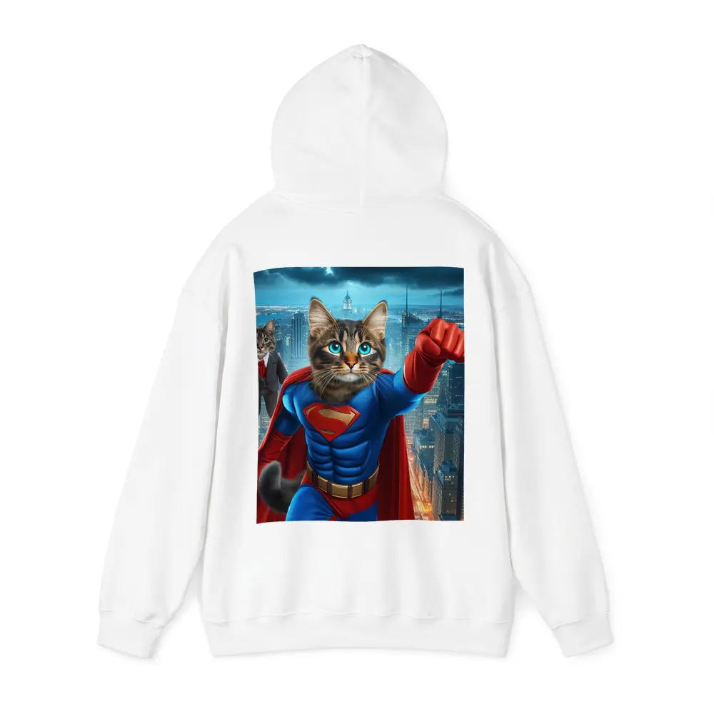 Superhero Cat Flying Over City Night – Hoodies