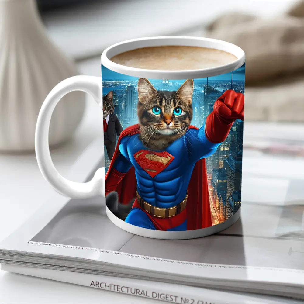 Superhero Cat Flying Over City Night – Mugs