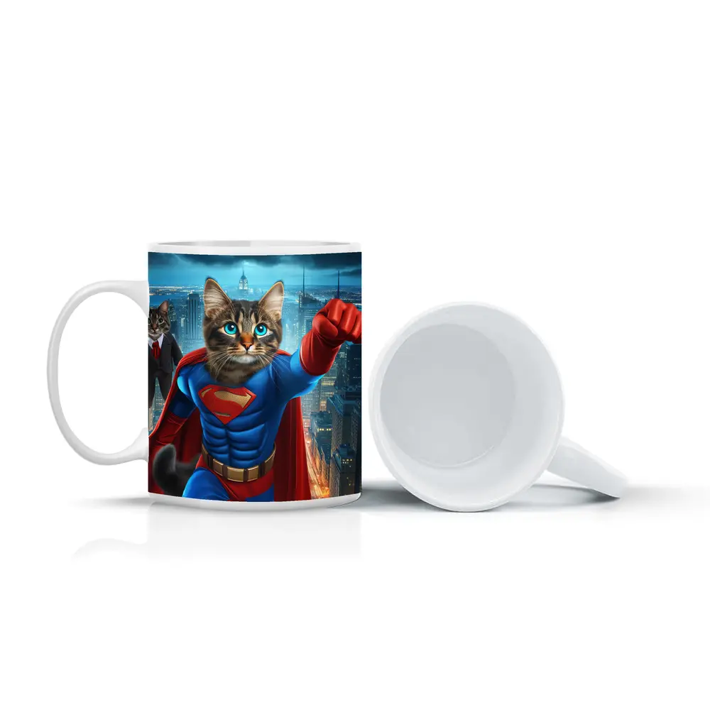 Superhero Cat Flying Over City Night – Mugs