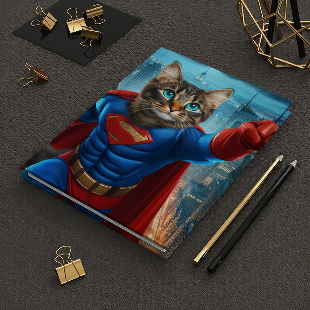 Superhero Cat Flying Over City Night – Notebooks