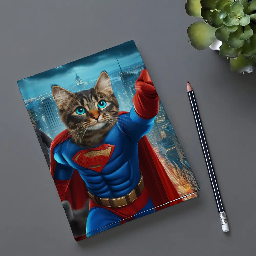 Superhero Cat Flying Over City Night – Notebooks