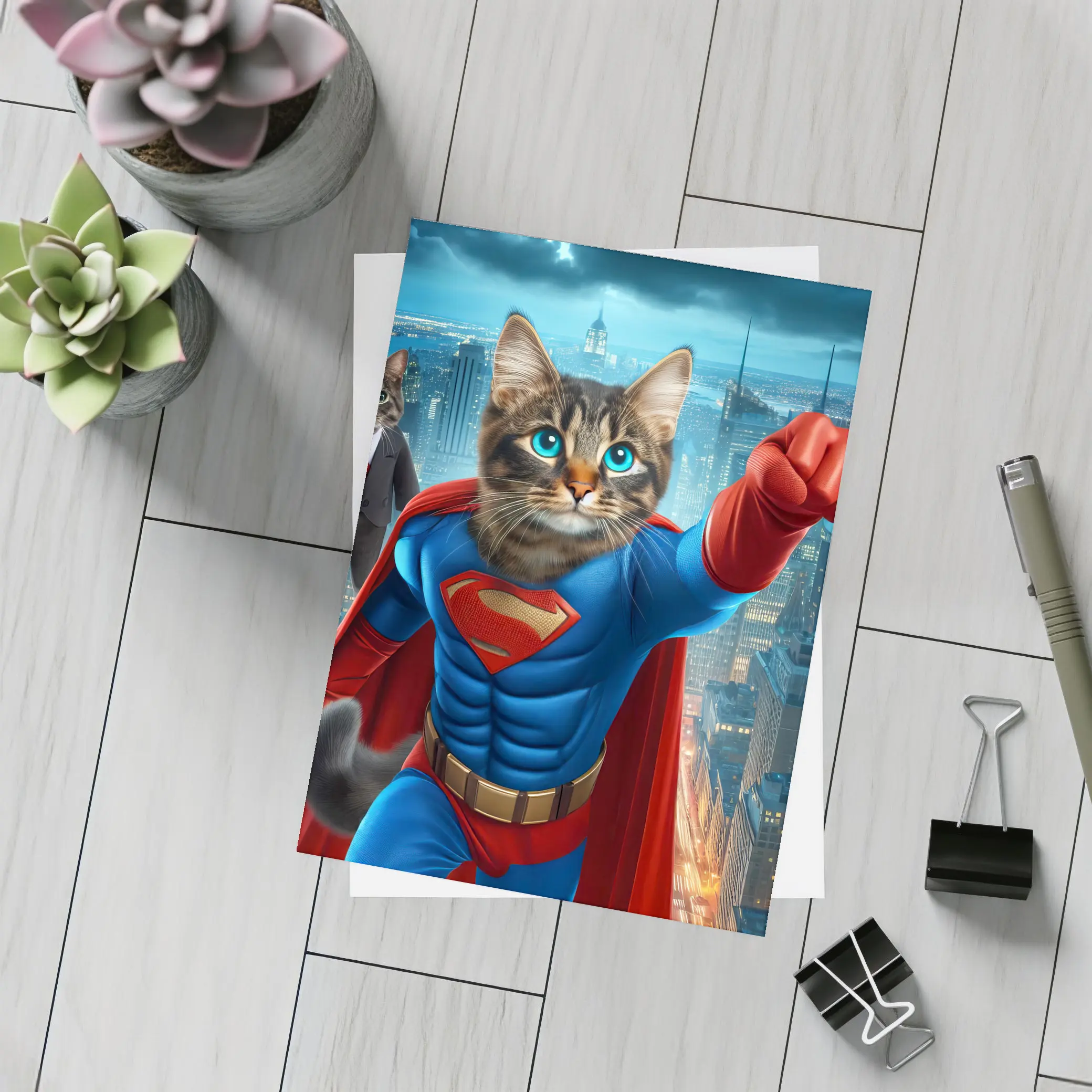 Superhero Cat Flying Over City Night – Postcards