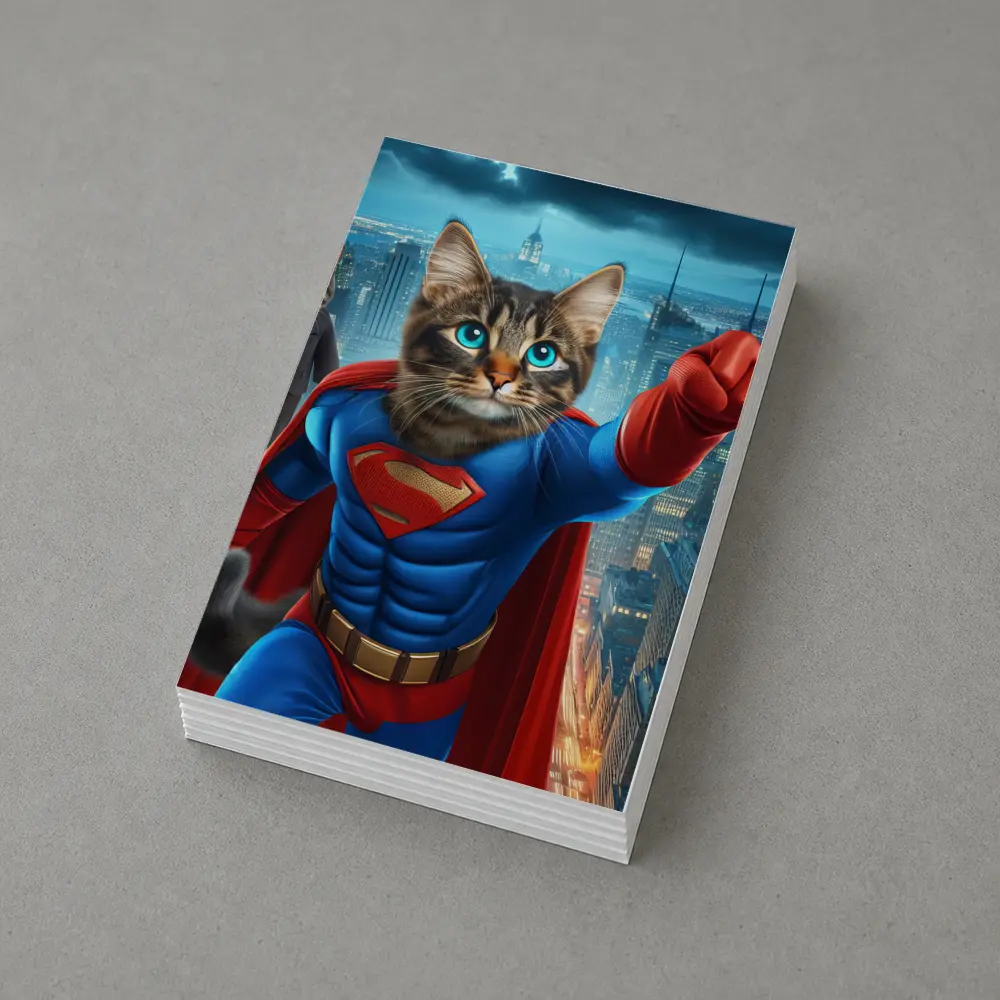 Superhero Cat Flying Over City Night – Postcards