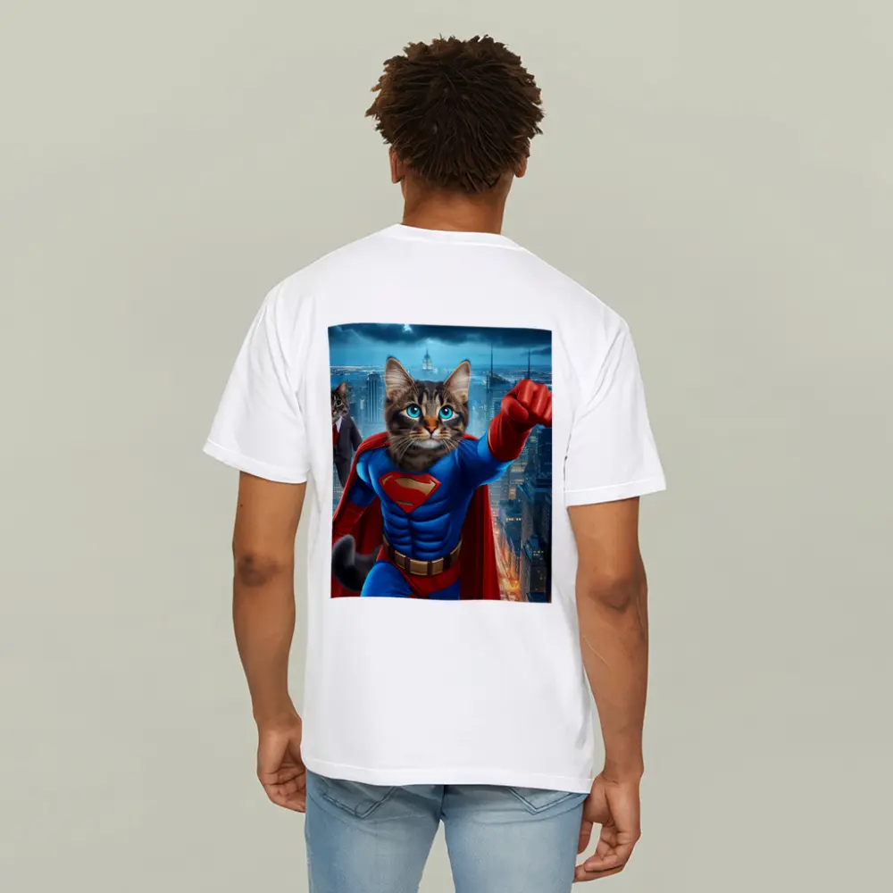 Superhero Cat Flying Over City Night – T-Shirts