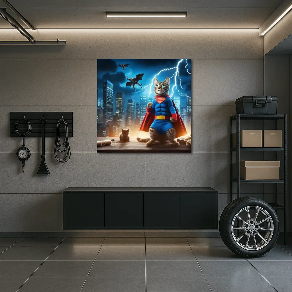 Superhero Cat Superman Costume City Night – Wall Art