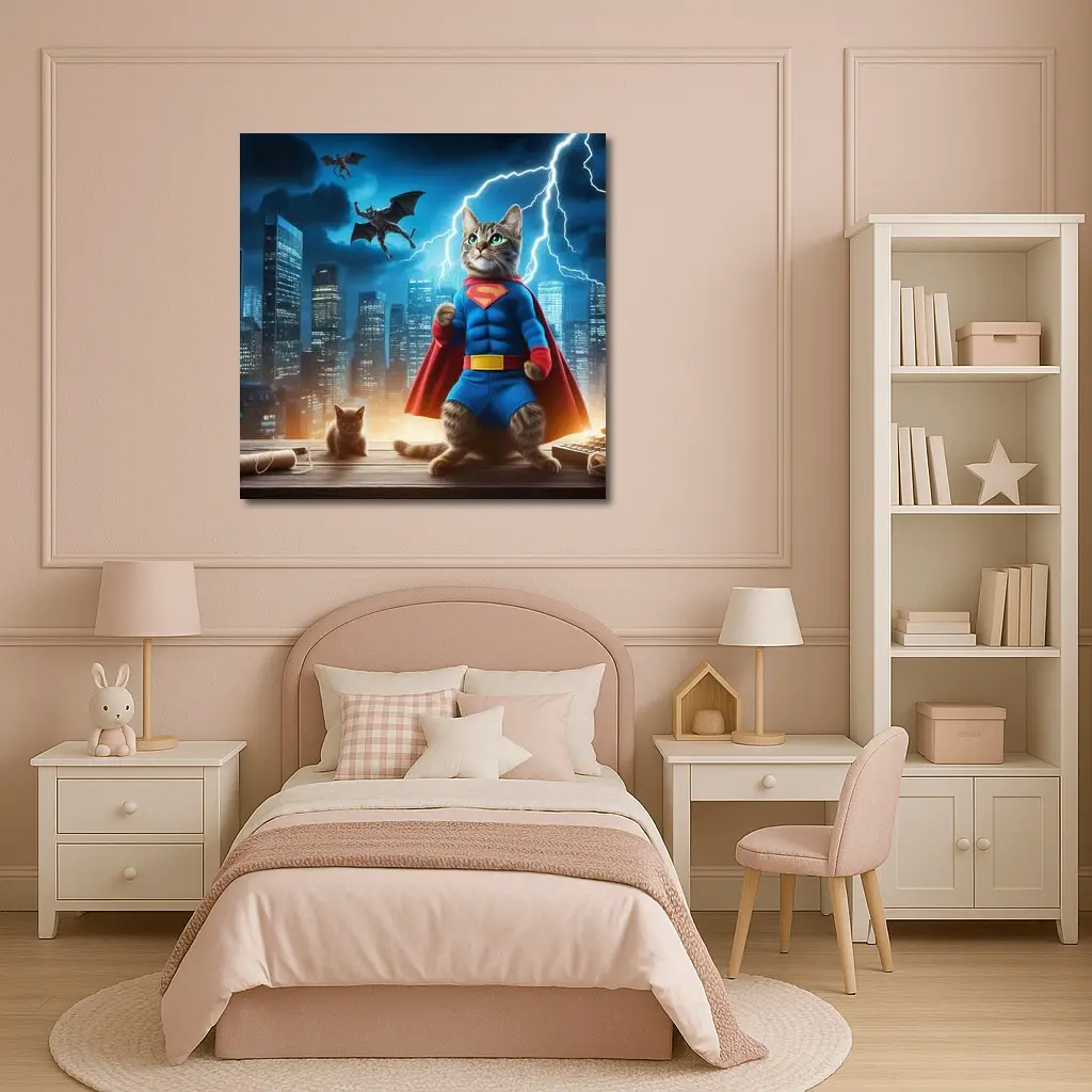 Superhero Cat Superman Costume City Night – Wall Art