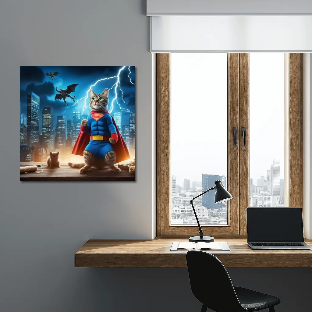 Superhero Cat Superman Costume City Night – Wall Art