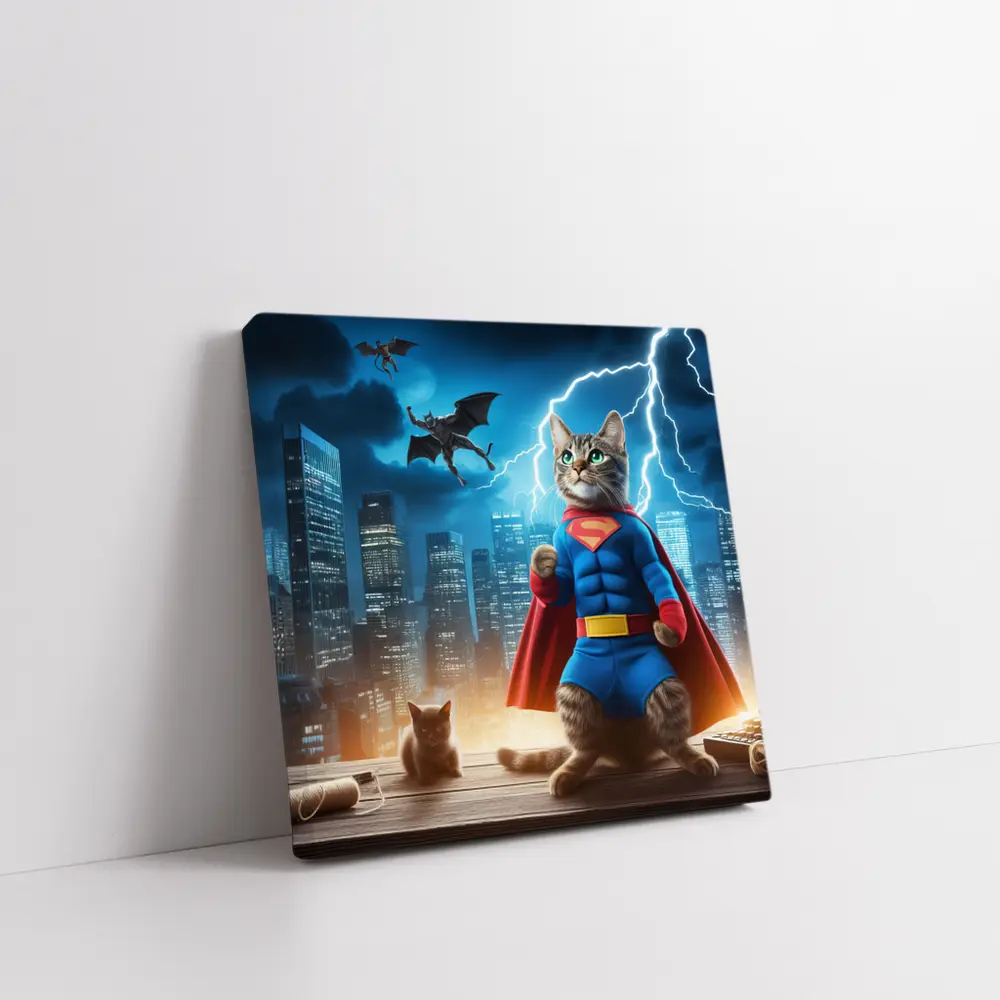 Superhero Cat Superman Costume City Night – Wall Art