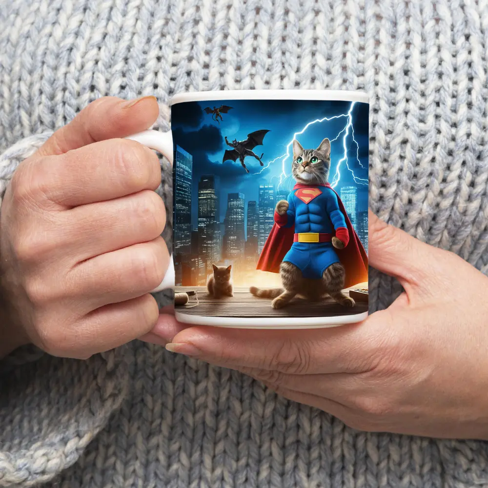 Superhero Cat Superman Costume City Night – Mugs