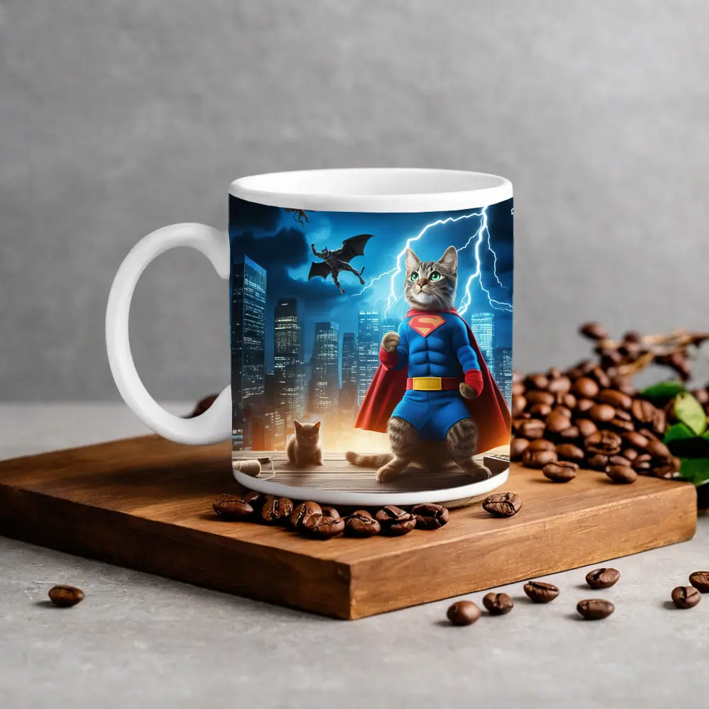 Superhero Cat Superman Costume City Night – Mugs