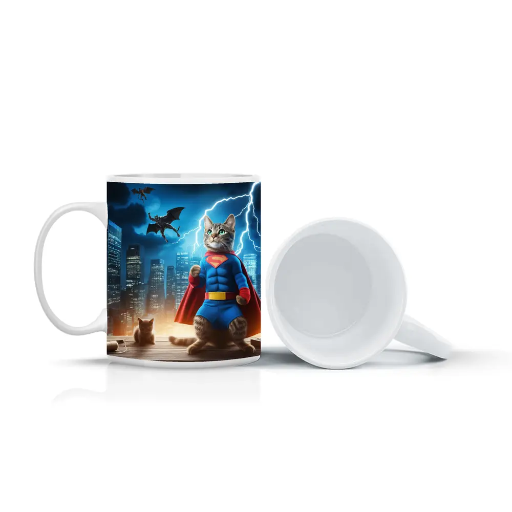 Superhero Cat Superman Costume City Night – Mugs