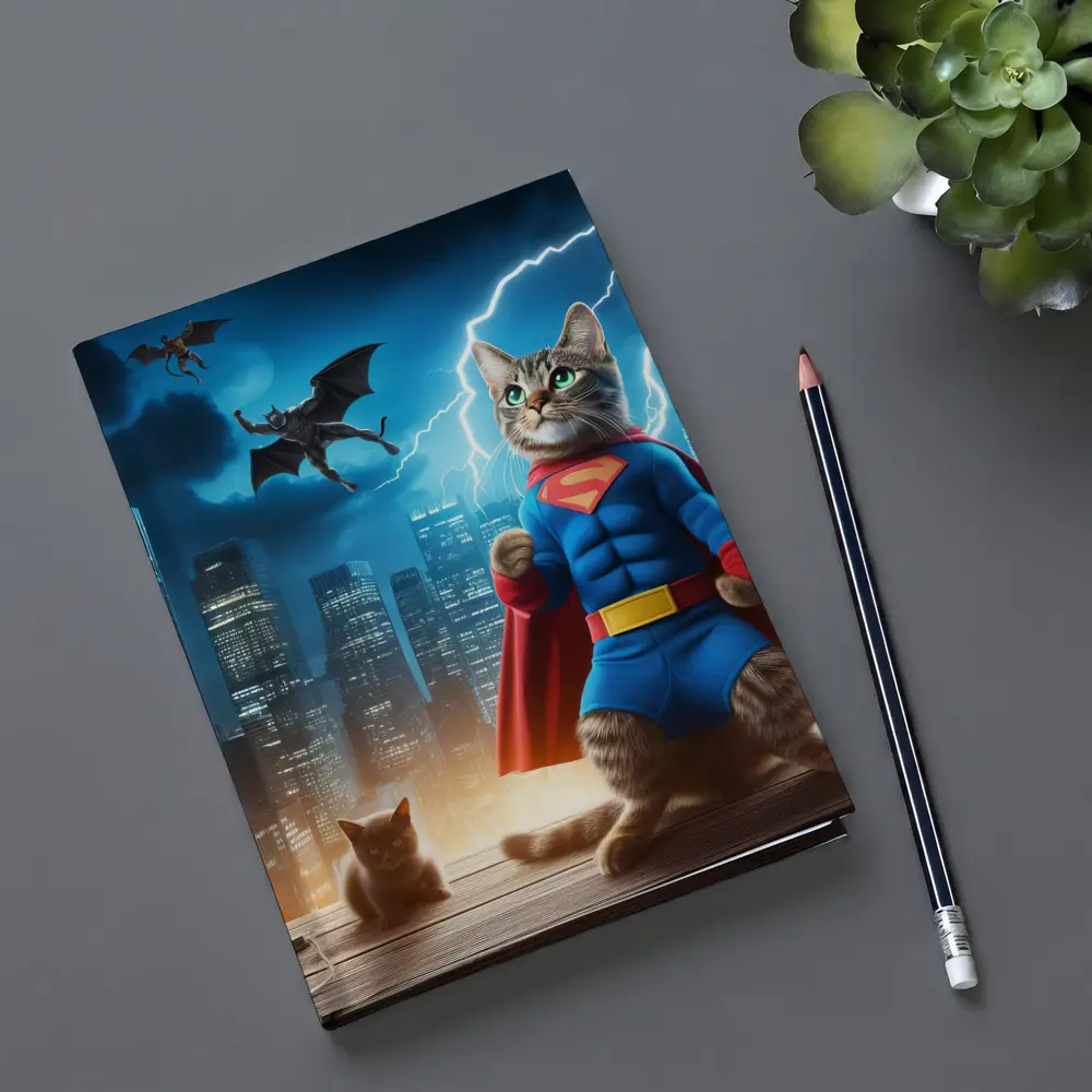 Superhero Cat Superman Costume City Night – Notebooks