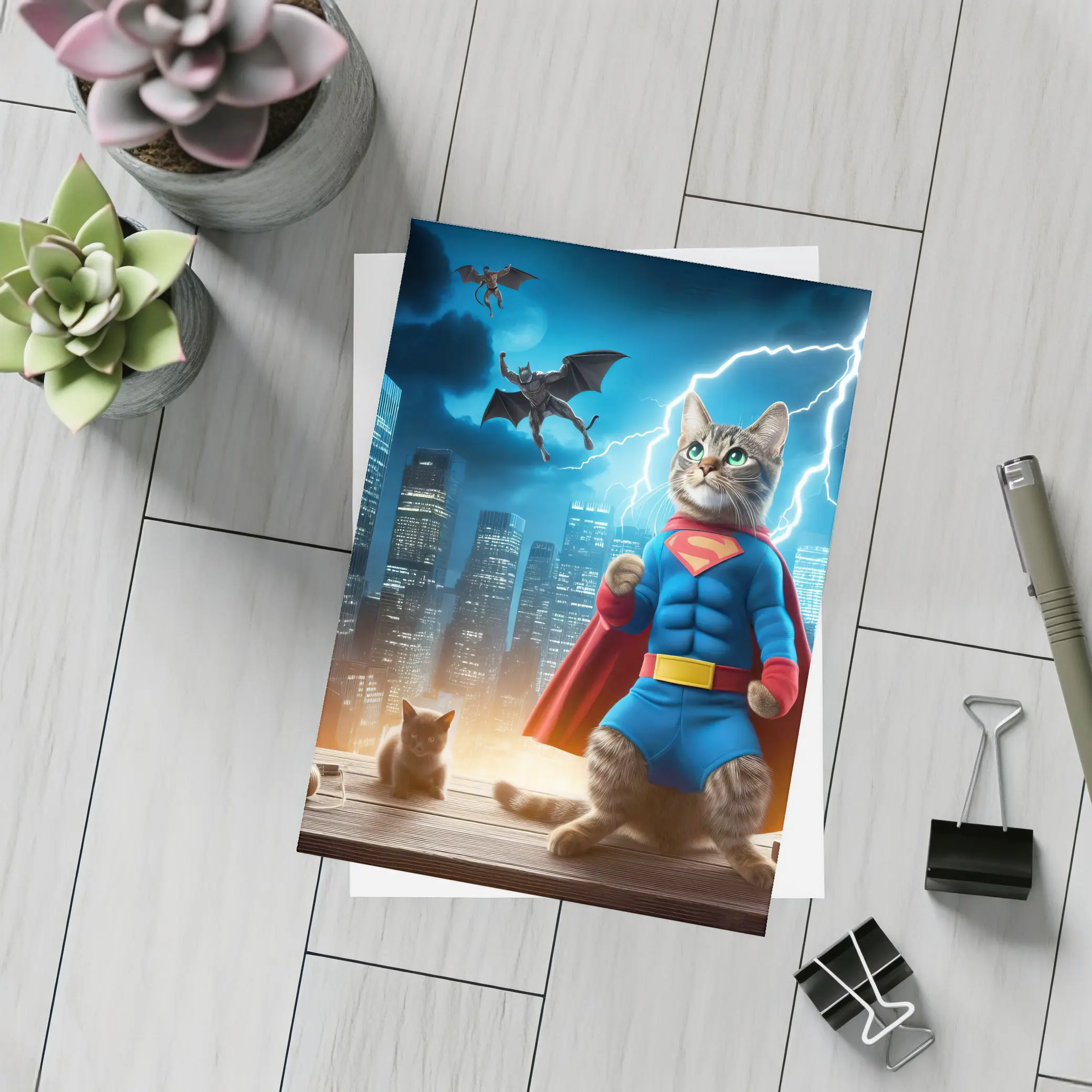 Superhero Cat Superman Costume City Night – Postcards