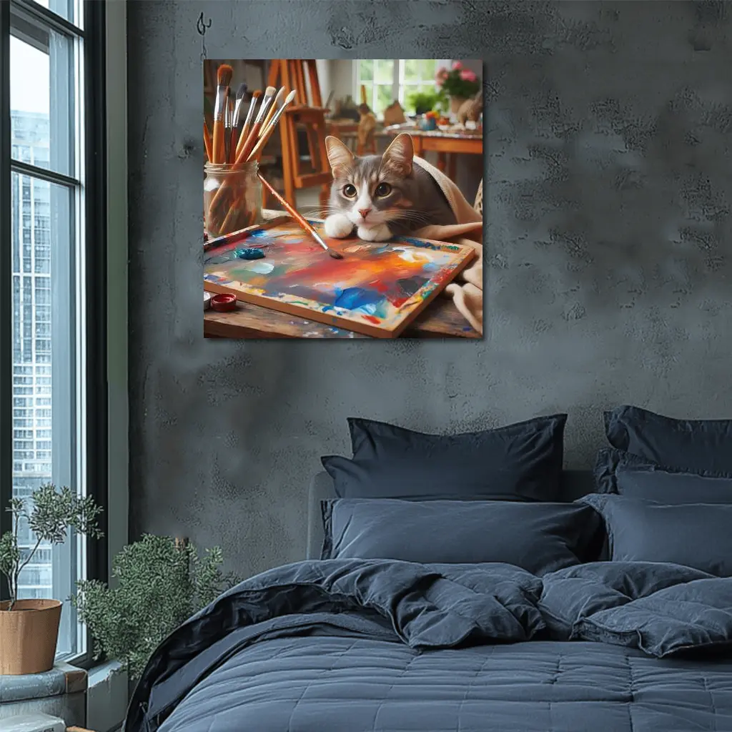 Gray Cat Painting In Artist Studio – Wall Art